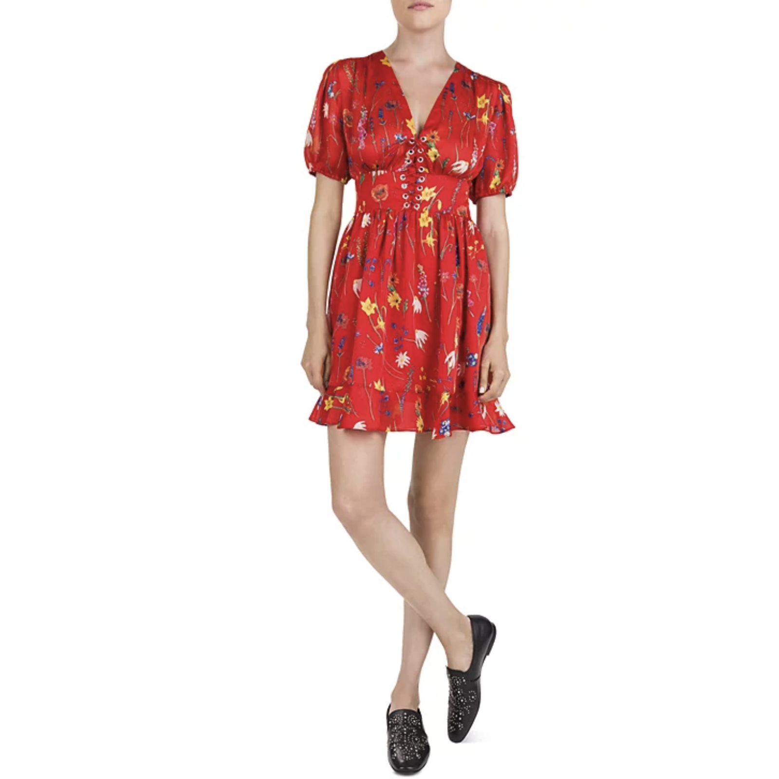 The Kooples Women Floral Print Lace Up Mini Dress Red Size 2